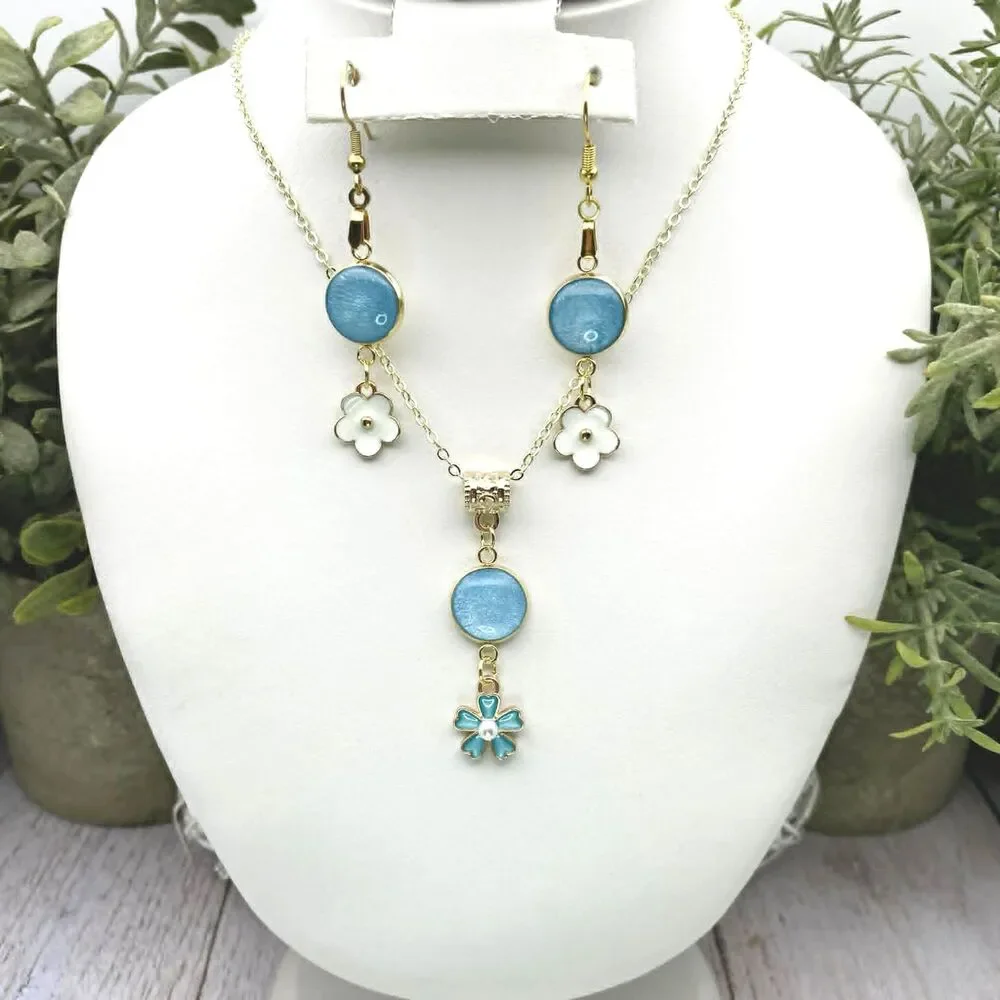 Gold Tone Blue Enamel Floral Jewelry Set Necklace & Dangle Earrings Matching Set